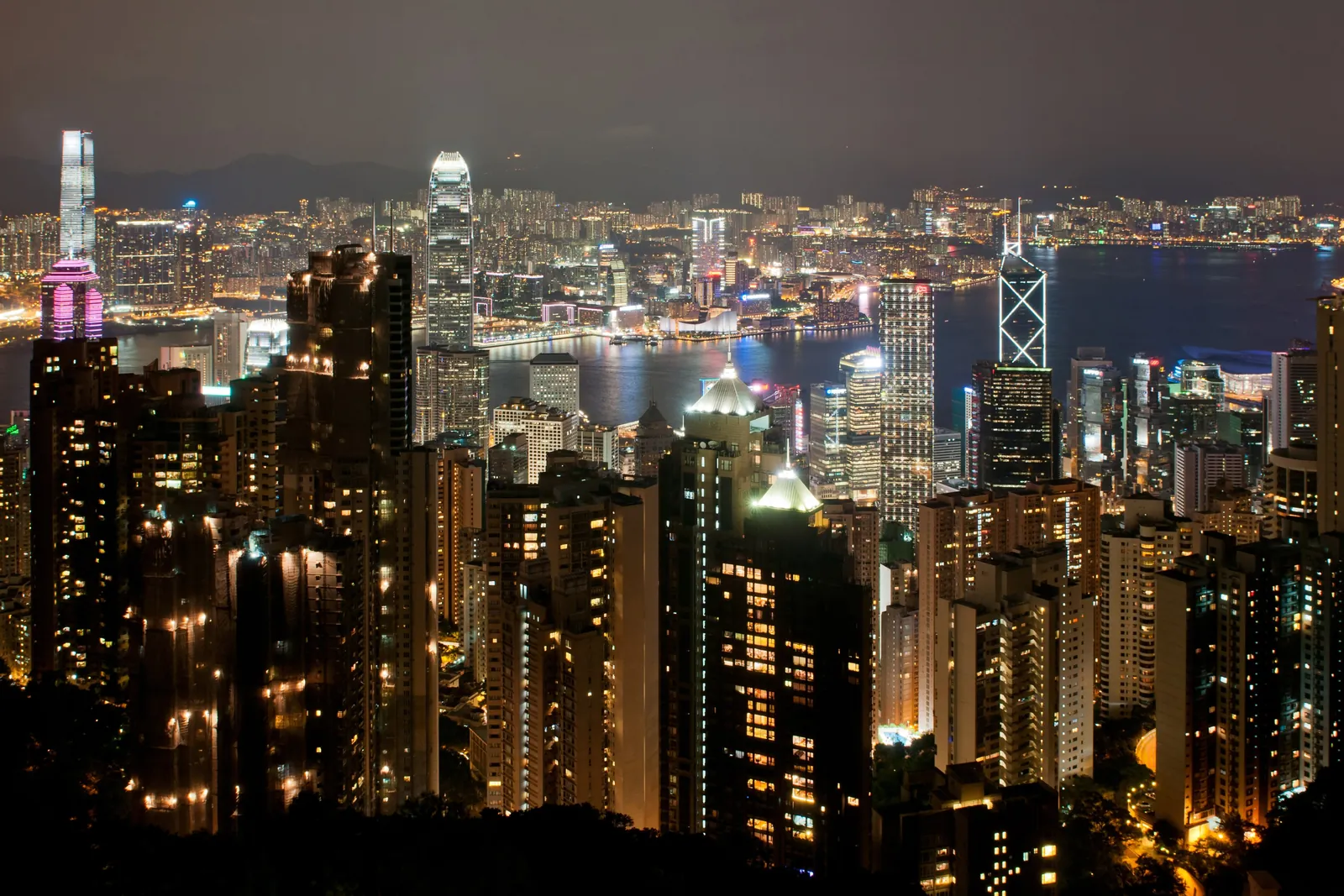 Victoria Harbour and the Central skyline at night from the Peak, photographed in August 2013